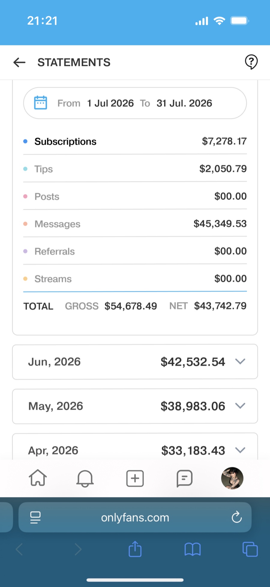 OnlyFans earnings screenshot